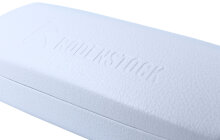 Schickes Hartschalen-Brillenetui von Rodenstock aus hellgrauem Kunstleder mit Metallscharnier