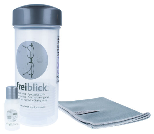 freiblick Brillenbad zur Brillenreinigung Dose + 50 ml Spezialreiniger + Microfasertuch