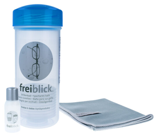 freiblick Brillenbad zur Brillenreinigung Dose + 50 ml Spezialreiniger + Microfasertuch
