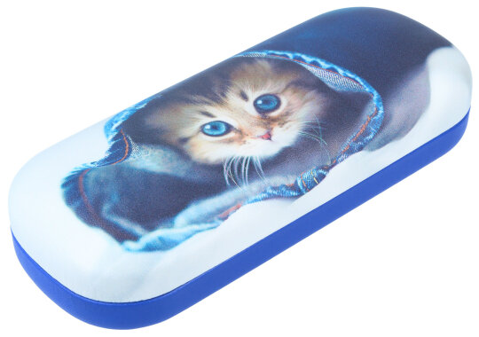 Blaues Hartschalen-Brillenetui mit niedlichem Katzen-Baby Motiv inkl. Microfasertuch