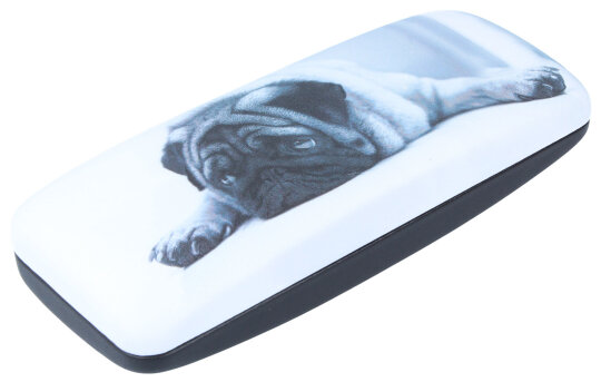 Schwarz-weißes Hartschalen-Brillenetui mit stylischem Mops Motiv "Dogs" inkl. Microfasertuch