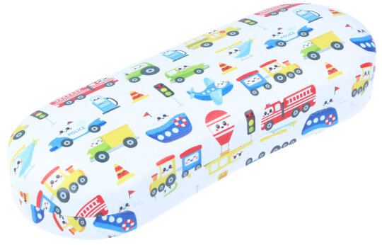 Weißes Hartschalen-Brillenetui "Timmy" für Kinder mit niedlichem Verkehr-Aufdruck