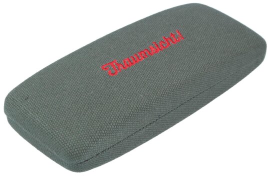 Graues Hartschalen-Brillenetui "Canvas" mit robustem Stoffbezug und besticktem "Traumsicht!"-Schriftzug
