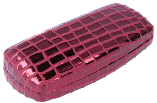 Glänzendes Hartschalen-Brillenetui mit pinkem Bezug im luxoriösen Materialmix "Jura Kroko"