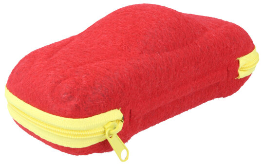 Lustiges Kinder-Etui in Rot/Gelb "Visby Car" aus recycelten PET-Flaschen mit Filzbezug und robustem Reißverschluss