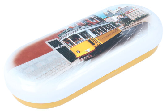 Stabiles Hartschalenetui aus hochwertigem Metall LISBON mit realistischem Tram Motiv