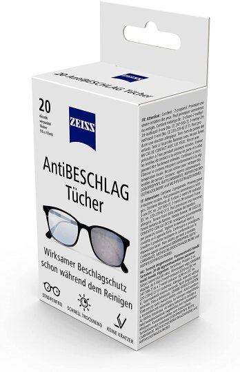 ZEISS AntiBeschlag Tücher 20 Stück für einen lang anhaltenden Beschlagschutz schon während der Reinigung - einzeln verpackt