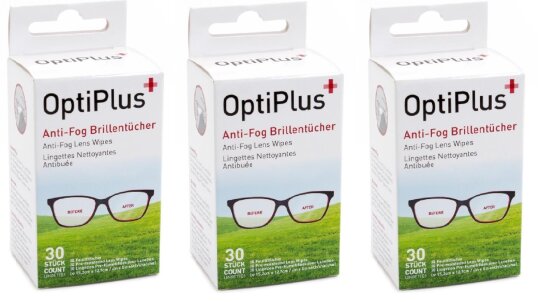 Optiplus Anti-Fog Brillentücher / Einmaltücher - 3 x 30 Stk. XXL-Sparangebot