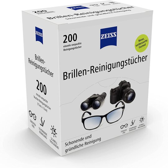 ZEISS Brillen-Reinigungstücher mit Alkohol 200 Stück NEUE REZEPTUR zur schonenden & gründlichen Reinigung Ihrer Brillengläser