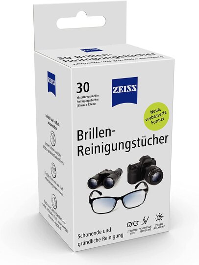 ZEISS Brillen-Reinigungstücher mit Alkohol 30 Stück NEUE REZEPTUR zur schonenden & gründlichen Reinigung Ihrer Brillengläser