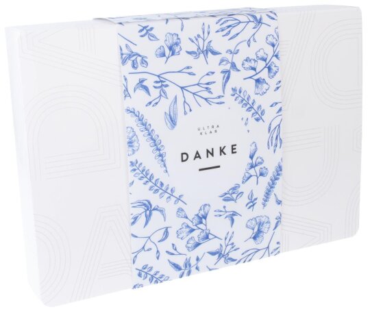 Schöne Ultra Klar Geschenkbox mit blauer Banderole mit floralem Muster und "Danke" -Aufdruck