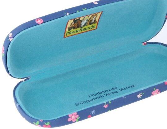 Niedliches Kinder - Brillenetui Pferdefreunde mit Blumenmotiv in einem dunklen Blau