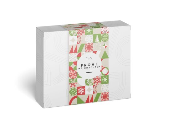 Schöne Ultra Klar Geschenkbox mit weihnachtlicher Banderole und Weihnachtsgruß