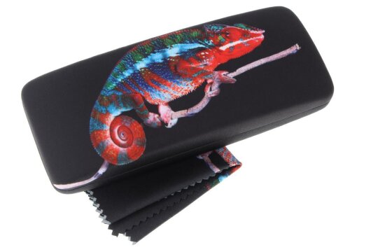Hochwertiges Hartschalen-Etui BARBUDA mit schönem Chamäleon-Motiv und Microfasertuch