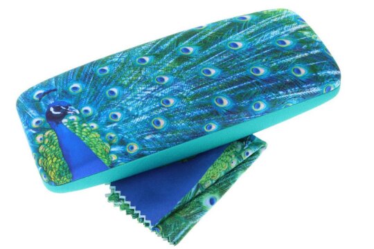 Hochwertiges Hartschalen-Etui BARBUDA mit schönem Pfau-Motiv und Microfasertuch
