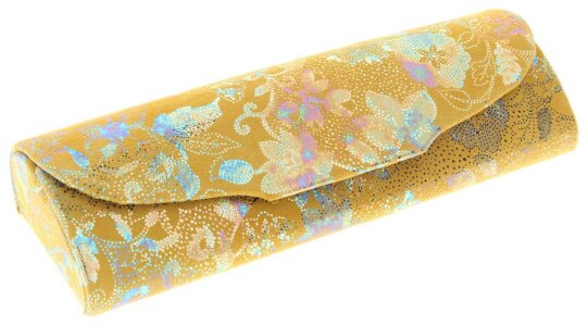 Gelb-Schimmerndes Brillenetui aus Naturleder mit Magnetverschluss und Microfasertuch