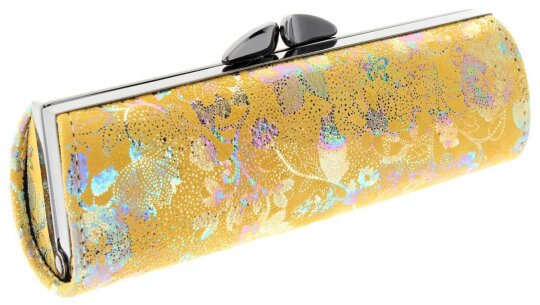 Gelb-Schimmerndes Brillenetui mit Schnappverschluss aus Naturleder inkl. Microfasertuch