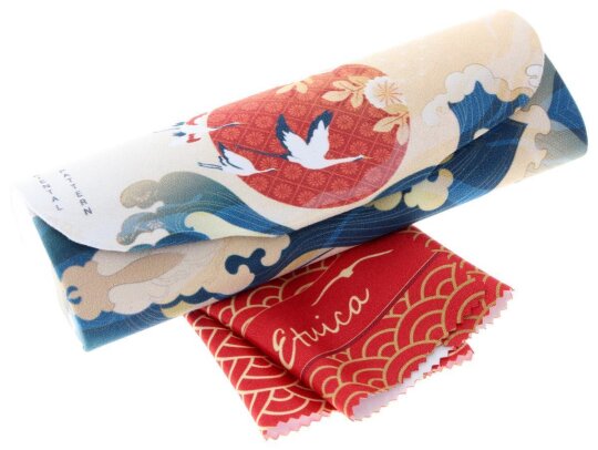 Halbhartes Brillenetui mit ASIEN-Design - Beige / Kraniche vor Sonne inkl. Microfasertuch