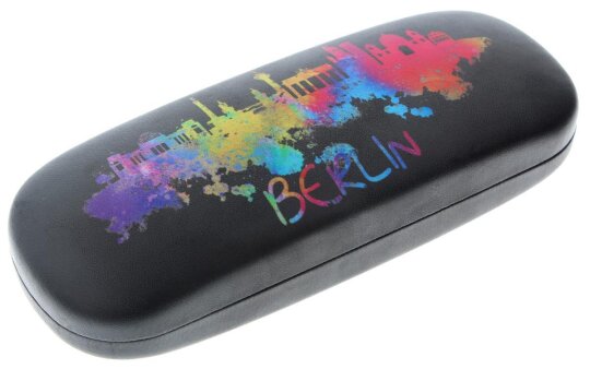 Hübsches Hartschalen - Brillenetui BERLIN mit Metallscharnier in Schwarz / Regenbogen