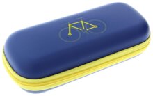 Stylisches Reißverschluss - Brillenetui BIKE aus Kunstleder mit Fahrradlogo in Blau - Gelb