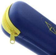 Stylisches Reißverschluss - Brillenetui BIKE aus Kunstleder mit Fahrradlogo in Blau - Gelb