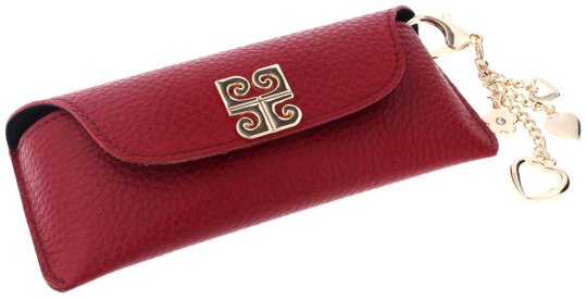 Rotes Echtleder-Brillenetui mit hochwertigem Magnetverschluss und goldenem Herzen-Anhänger