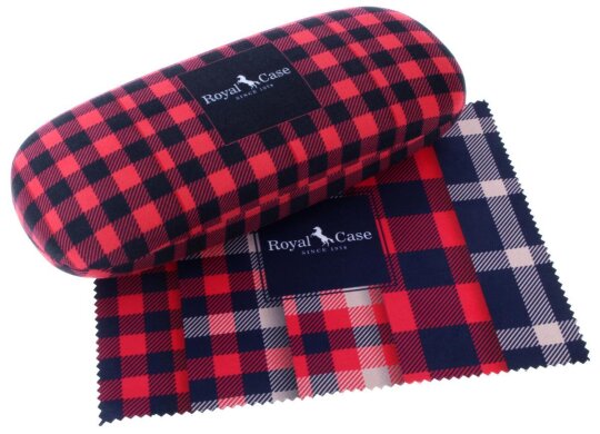 Rot-Schwarzes Hartschalen-Brillenetui mit modernem Karo-Design und Microfasertuch