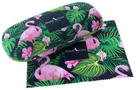 Modernes Hartschalen-Brillenetui mit farbenfrohen Flamingo-Muster inkl. passendem Microfasertuch