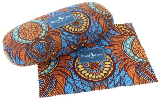 Sommerliches Hartschalen-Brillenetui mit orange-türkisen Ethno-Muster und passendem Microfasertuch