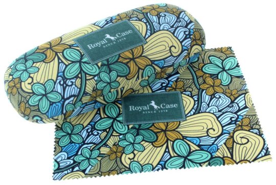 Sommerliches Hartschalen-Brillenetui mit grün-gelbem Ethno-Muster und passendem Microfasertuch