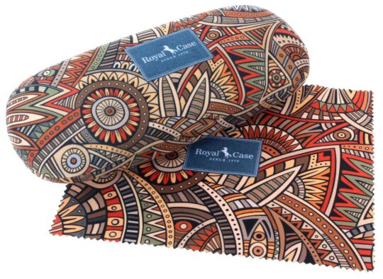 Sommerliches Hartschalen-Brillenetui mit beige-rotem Ethno-Muster und passendem Microfasertuch