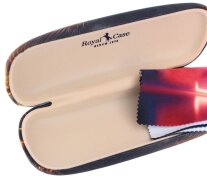 Modernes Hartschalenetui in Braun mit trendigem Katzen-Motiv und hochwertigem Microfasertuch