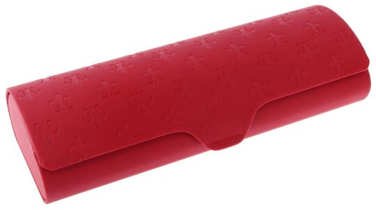 Rotes Brillenetui mit elegant gestanztem Satin-Bezug und Magnetverschluss