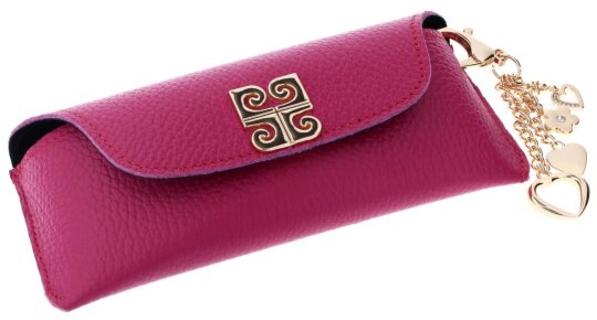 Pinkes Echtleder-Brillenetui mit hochwertigem Magnetverschluss und goldenem Herzen-Anhänger