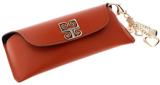 Orangenes Echtleder-Brillenetui mit hochwertigem Magnetverschluss und goldenem Herzen-Anhänger