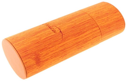Orangenes Steck-Brillenetui mit praktischer Standfunktion und Holz-Design