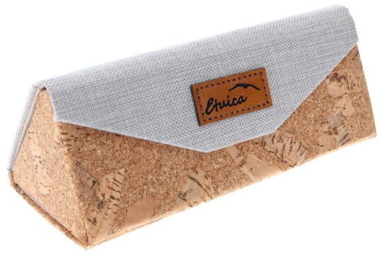 Praktisches Brillenetui aus weiß-beigem Stoff mit Faltmechanik und Kork-Optik