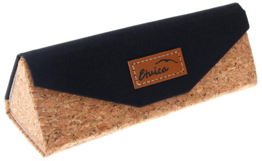 Praktisches Brillenetui aus schwarzem Stoff mit Faltmechanik und Kork-Optik