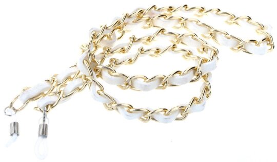 Stilvolle Brillenkette: Goldene Kettenglieder durchflochten mit weißem Band