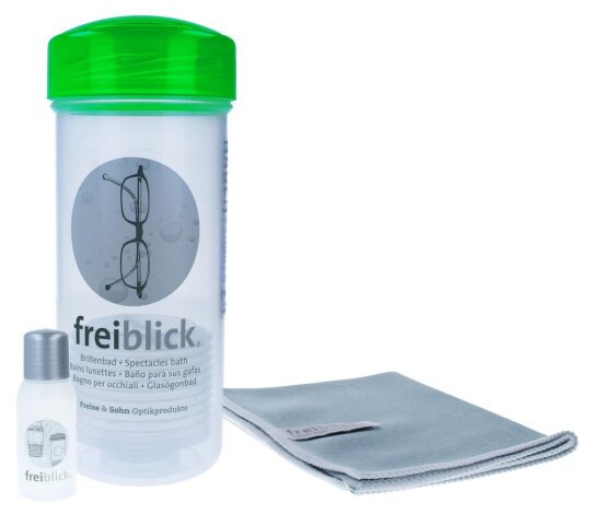 freiblick Brillenbad SET | Schüttelbad zur effizienten Brillenreinigung Grün inkl. 50 ml Spezialreiniger + Microfasertuch