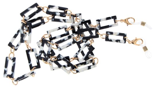 Hochwertige Brillenkette "Airport" aus leichtem Metall mit Gummischlaufe und Mikrofaserbeutel Schwarz - Weiß