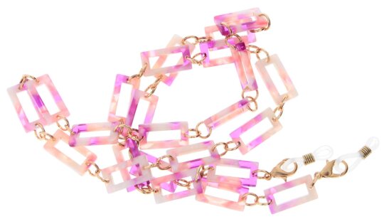 Hochwertige Brillenkette "Airport" aus leichtem Metall mit Gummischlaufe und Mikrofaserbeutel Fuchsia - Weiß