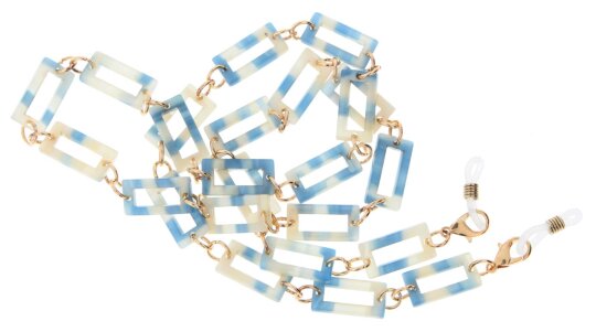 Hochwertige Brillenkette "Airport" aus leichtem Metall mit Gummischlaufe und Mikrofaserbeutel Blau - Weiß