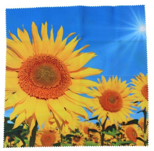 Sanftes Microfasertuch / Brillenputztuch mit einem fröhlichen Sonnenblumen-Motiv