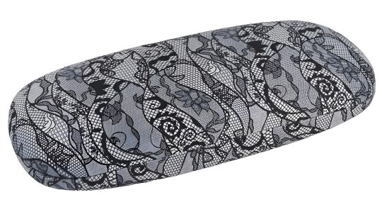 Hartschalenetui mit elegantem Spitzenmuster und Microfasertuch in Grau/Weiß