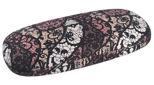 Hartschalenetui mit elegantem Spitzenmuster und Microfasertuch in Schwarz/Pink