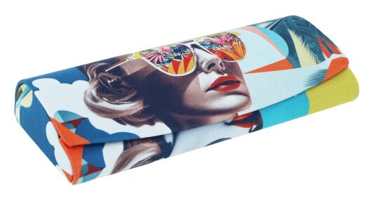 Stilvolles Brillenetui mit 70er Jahre Frau mit Sonnenbrille in Blau