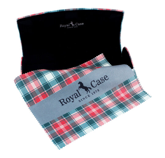 Elegantes Brillenetui mit Magnetverschluss im rot-grünem Karodesign und farblich passendem Microfasertuch