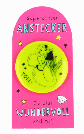 Leuchtender SHEEPWORLD Reflektor zum Anstecken in Neon-Gelb mit niedlichem Meerjungfrauen-Motiv