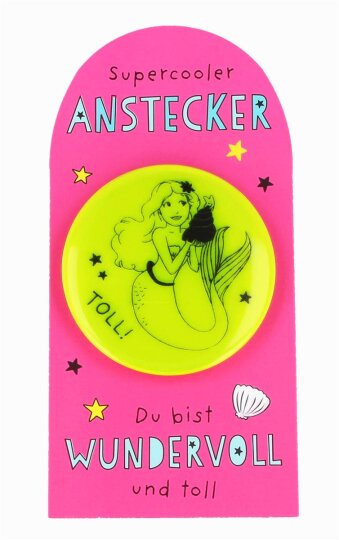 Neon-gelber SHEEPWORLD Reflektor zum Anstecken mit süßem Meerjungfrauen-Motiv